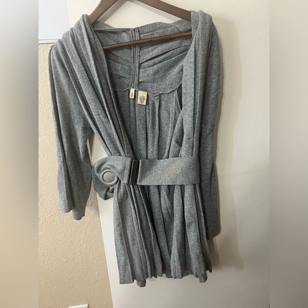 Anthropologie Moth Gray Knit Belt Wool Blend Sweater Cardigan SzS Cozy Winter
